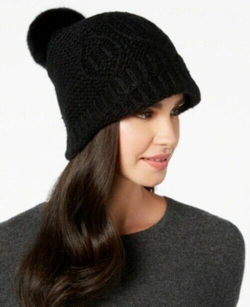 Surell Rabbit-Fur Pom Pom Knit Hat Black