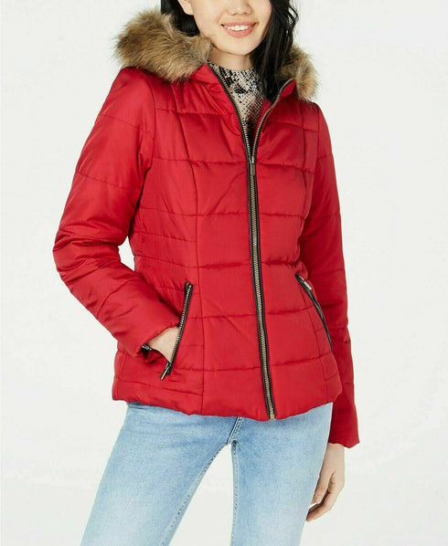 Celebrity Pink Juniors Teens Puffer Coat with Faux Fur Trim Hood Red Size XS