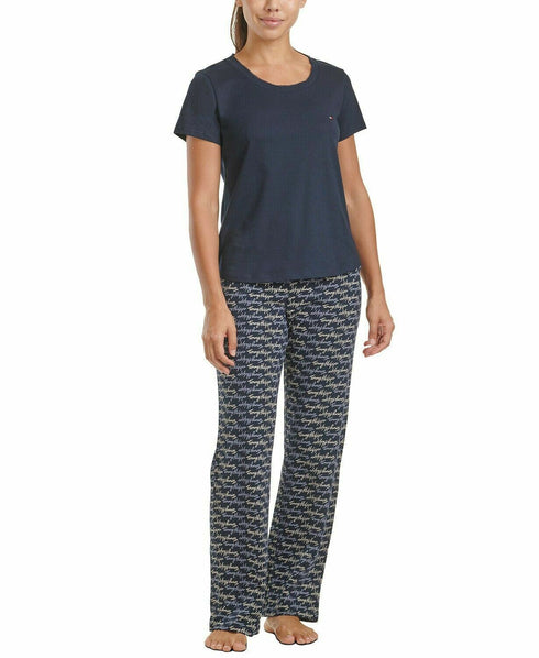 Tommy Hilfiger Solid T-Shirt & Printed Pants Pajama Set Navy Size XL