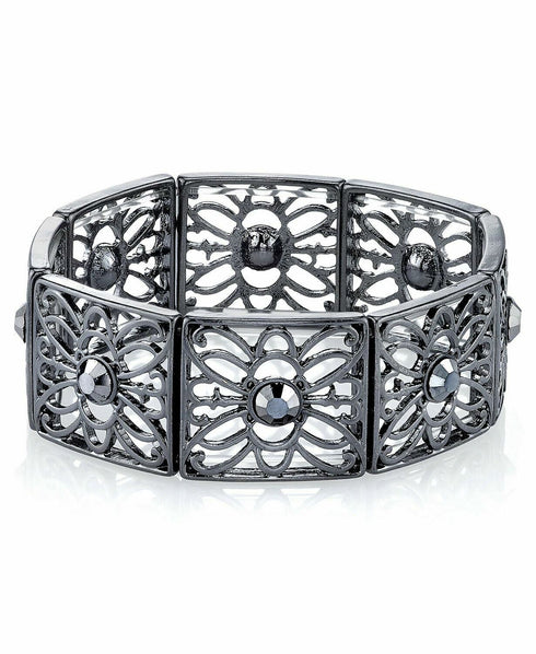 1928 Jewelry Black-Tone Hematite Color Filigree Stretch Bracelet New