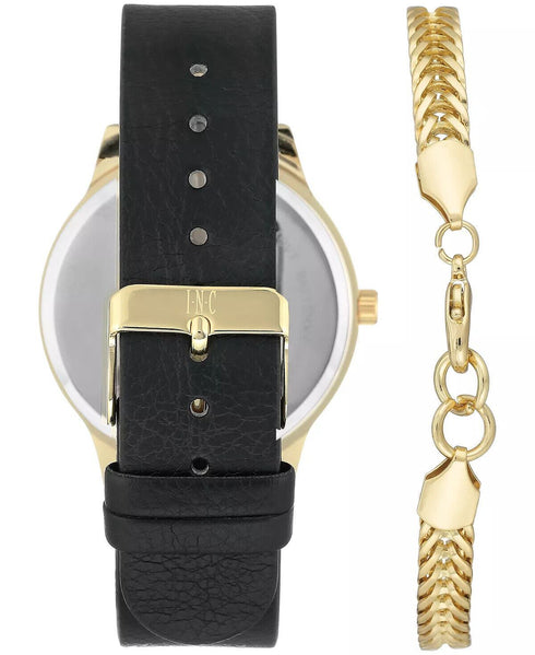 I.N.C. Mens Black Faux Leather Strap Watch 43mm And Bracelet Set