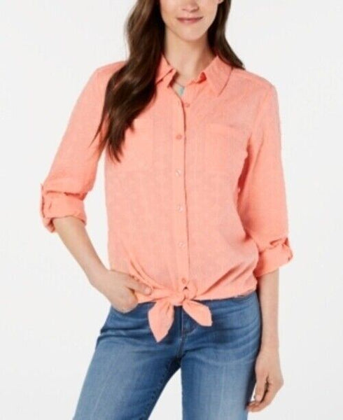Style & Co Womens Button-Down Tie-Hem Cotton Top Peach Size Large