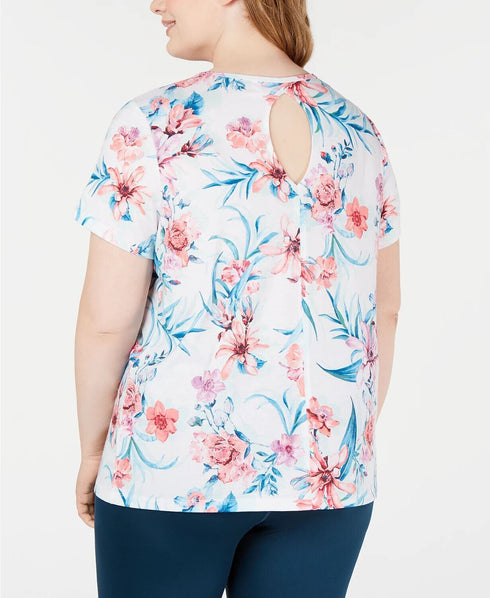 Ideology Womens Floral Printed Keyhole Back T-Shirt 1X