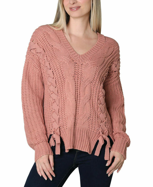 Ultra Flirt Juniors' Lace Up Sweater Blush Size Large