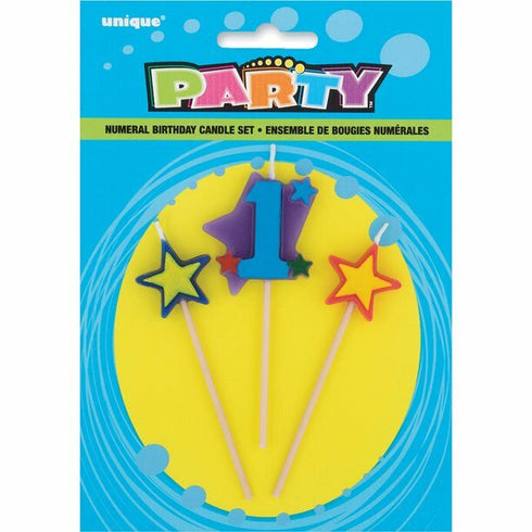 Unique Stars & Number 1 Birthday Candles Set, 4 in, Multicolor, 3pc