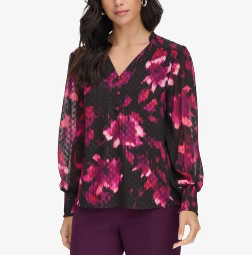Calvin Klein Women's Printed V-Neck Long-Sleeve Blouse Black Multicolor M