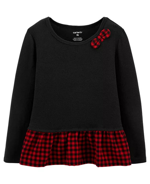 CARTER'S Toddler Girl Plaid Peplum Jersey Top Black w/ Red Plaid Size 5T