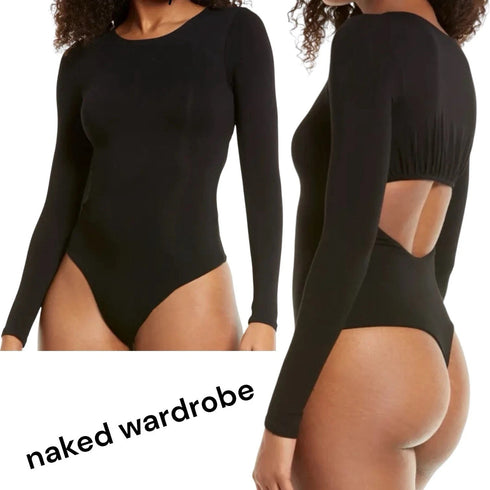 Naked Wardrobe Long Sleeve Back Cutout Snatched Thong Bodysuit Womens Size Large