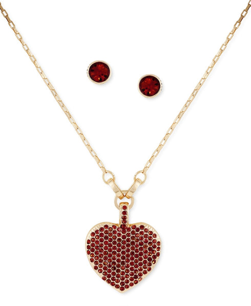 Guess Gold-Tone Pave Heart Pendant Necklace & Crystal Stud Earrings Set