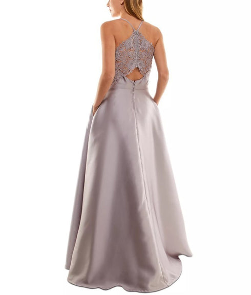Speechless Juniors' Crochet-Back Illusion-Detail Satin Gown Mauve 3