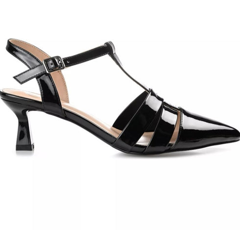Journee Collection Women's Jazlynn T Strap Kitten Heel Pumps Black Patent 7.5 M