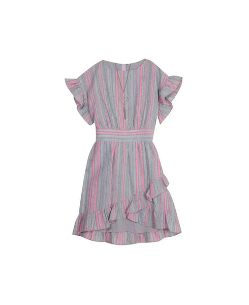 RARE EDITIONS Big Girls Stripe Linen Dress with Necklace Gray& Pink Size 8