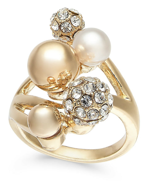 INC International Concepts Gold-Tone Pearl & Crystal Statement Ring - Size 6