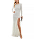 B Darlin Juniors' Sequin Sheer-Long-Sleeve Leg-Slit Gown White 1/2