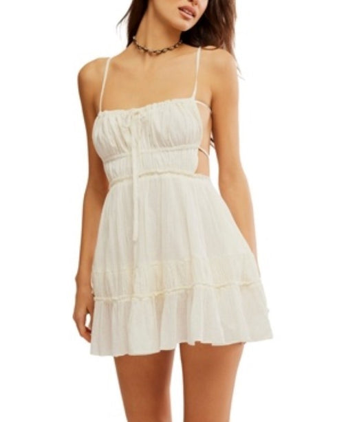 Free People Taking Sides Shirred Tiered Cotton Minidress Ivory Size XL