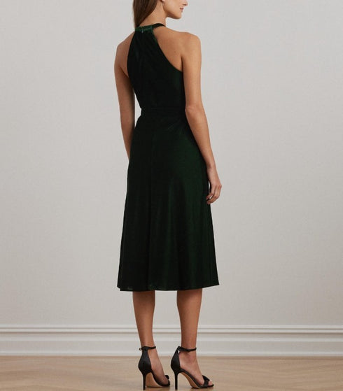 Lauren Ralph Lauren Women's Belted Velvet Halter Dress Emerald Green Velvet 6