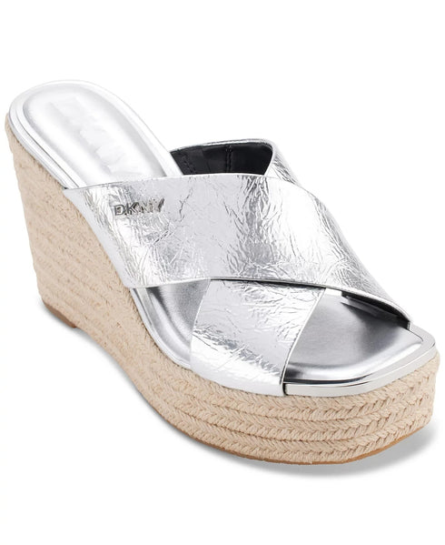DKNY Women's Maryn Crossband Espadrille Platform Wedge Sandals Silver SIze 6M