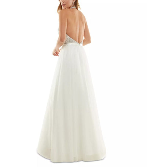 Say Yes to the Prom Juniors' Bead-Embellished Sleeveless Halter Gown Ivory 5