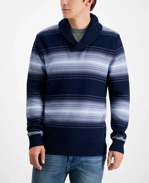 SUN + STONE Men's Deacon Horizontal Striped Shawl Sweater Blue & White Striped L