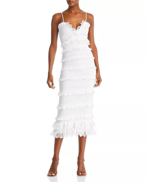 V. Chapman Narcisse Smocked Ruffle Trim Midi Dress White 10