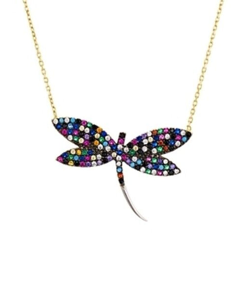 Aqua Multicolor Dragonfly Pendant Necklace in Gold-Tone Sterling Silver