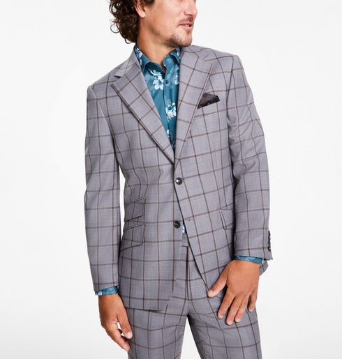 Tallia Men's Slim-Fit Stretch Plaid Suit Jacket Gray Brown Window Size 36S
