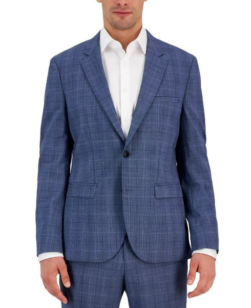 Hugo Boss Men's Blue Plaid Modern-Fit Wool-Blend Suit Separate Jacket Size 36R