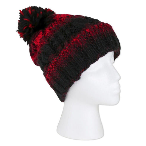 Women's Hat with Pom Pom Maroon (Red) Striped - Sylvia Alexander