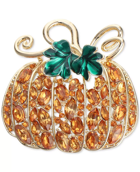 Charter Club Pumpkin Pin Brooch Orange Rhinestones Gold Tone Metal 1.75”