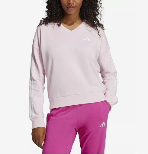 adidas Women's Essentials 3-Stripes French Terry V-Neck Sweatshirt Pink L