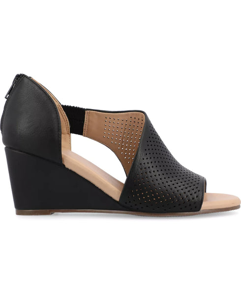 Journee Collection Women's Aretha Perforated Peep Toe Wedge Sandals Black 6.5W