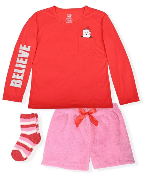 MAX & OLIVIA Girl's 2 Piece Short Pajama Santa Believe Set w/ Socks Red Size 7-8