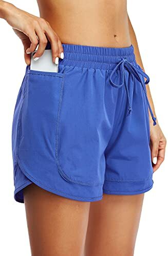 KORALHY Women’s Workout Shorts Pockets, Running, Gym, Casual Active Wear Blue L