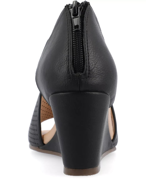 Journee Collection Women's Aretha Perforated Peep Toe Wedge Sandals Black 6.5W