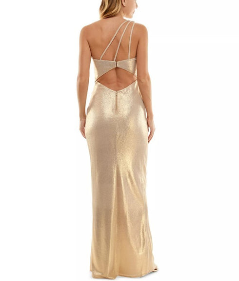 City Studios Juniors' One-Shoulder Ruched Metallic Gown Gold 9