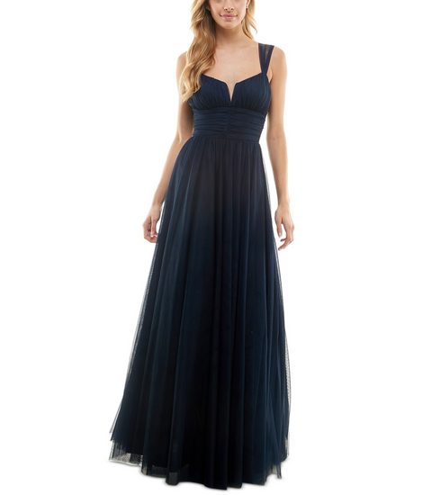City Studios Juniors' Emma Pleated-Bodice Notched-Neck Gown Navy Ink 3