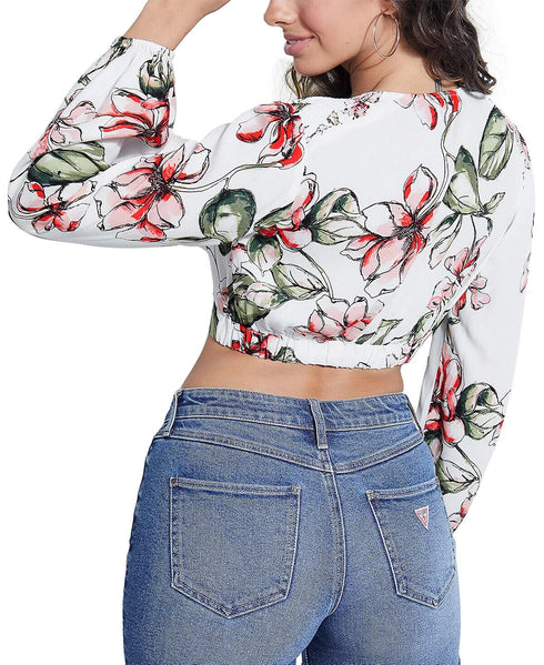 GUESS Long-Sleeve Karlotta Top V-neck White floral Size XS