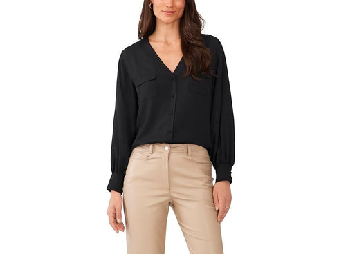 VINCE CAMUTO V Neck Button Front Blouse Rich Black Size L