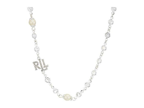 Lauren Ralph Lauren silvertone Pave faux Pearl logo charm 42" Necklace