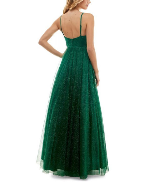 City Studios Juniors' Glitter-Mesh Pleated-Bodice Gown Green 11