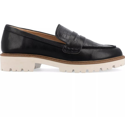 Journee Collection Womens Ken Lug Sole Solid Loafers Black Croco 9.5M