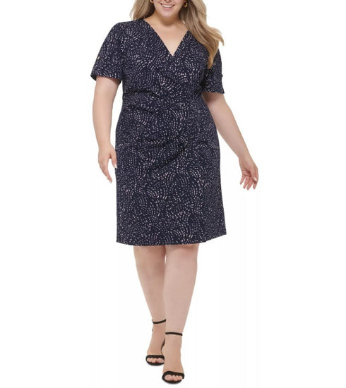DKNY Plus Size Printed Ruched Faux-Wrap Dress Navy Pink 16W
