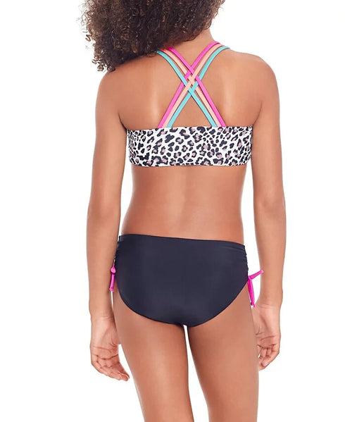GLITTER BEACH Big Girls Bikini Top Black & White w/ Animal Print Size 10