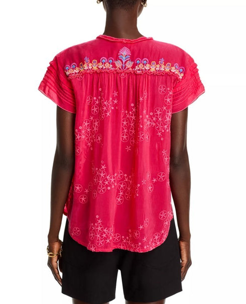 Johnny Was Laferet Embroidered Split Neck Blouse Pink M