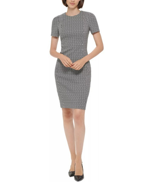 Calvin Klein Petite Patterned Short-Sleeve Sheath Dress Black Cream 8P