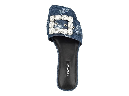 Nine West Women's Matter Slip-On Embellished Flat Sandals Dark Blue Denim 11M