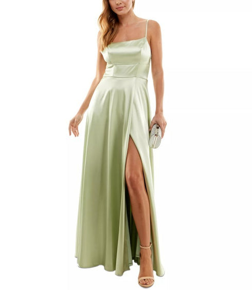 Speechless Juniors' Leg-Slit Satin Sleeveless Gown Pistachio 7