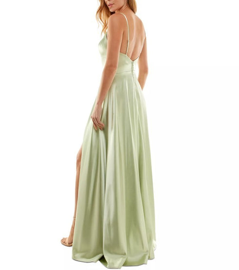 Speechless Juniors' Leg-Slit Satin Sleeveless Gown Pistachio 5