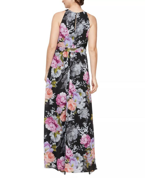 SL Fashions Women's Belted Halter Maxi Dress Black Multicolor 18