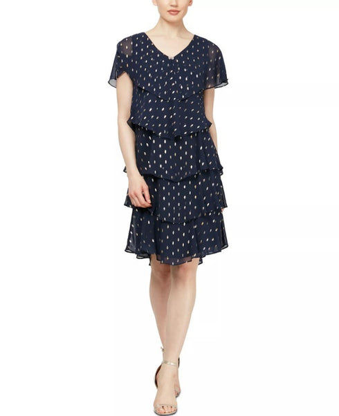 SL Fashions Polka-Dot Tiered Shift Dress Navy Gold 12
